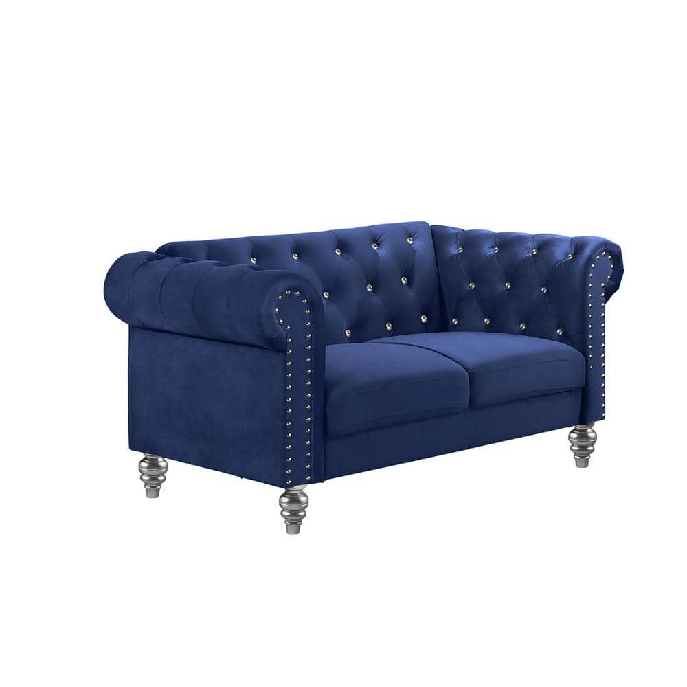 Emma Royal Blue Velvet Loveseat and Sofa Set with Crystal Buttons