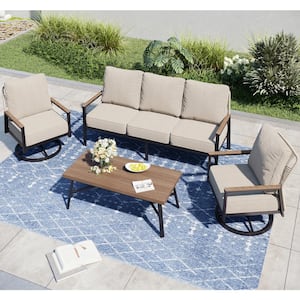 Black 4-Piece Metal Outdoor Patio Conversation Seating Set with Beige Cushions and Swivel Chairs