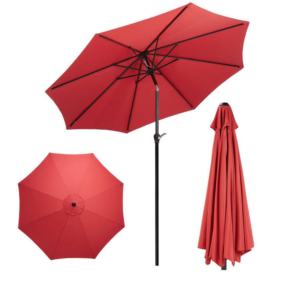 Outdoor 9 ft. Alloy Steel Push Button Tilt and Crank Patio Umbrella Market Umbrella in Red for Deck, Pool