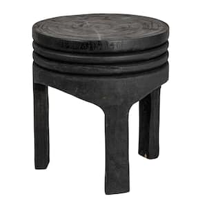 15.75 in. Matte Black Backless Paulownia Wood Carved Stool
