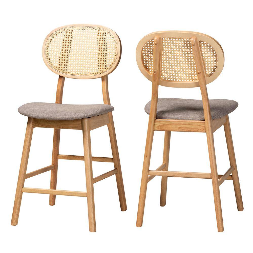 Mid-Century Grey Fabric and Natural Oak Counter Stools, Set of 2