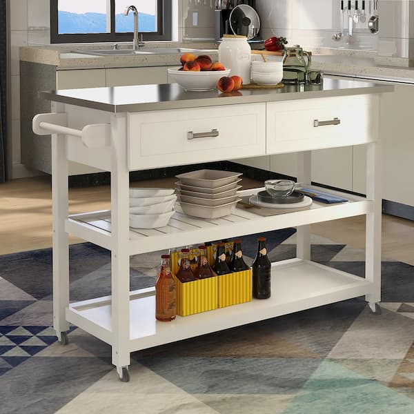 FAMYYT White Stainless Steel Tabletop 47.25 in. Kitchen Island with Drawers