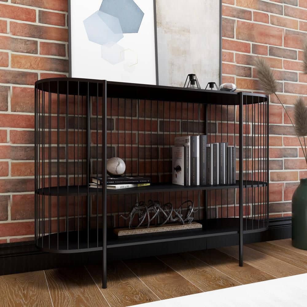 Sleek Black Metal Console Table with Dual Storage Shelves