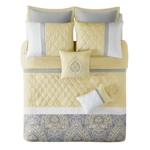 Quilted Damask Queen Size Polyester Comforter Set 1 Comforter/2 Shams/1 Bedskirt/2 Euro Shams/2 Pillow Case in Yellow