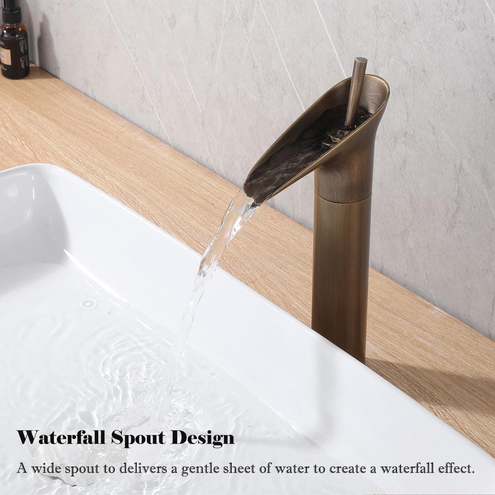 Antique Brass Tall Waterfall Bathroom Vessel Sink Faucet