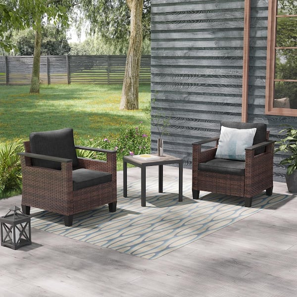 Sonkuki 3 Pieces Brown Wicker Patio Conversation Set Patio Chairs Set with Side Table with Black Cushions