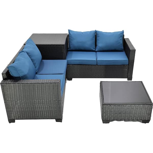 Unbranded Dark Coffee 4-Piece Wicker Outdoor Sectional Set, Patio Conversation Set with Storage Box and Peacock Blue Cushions