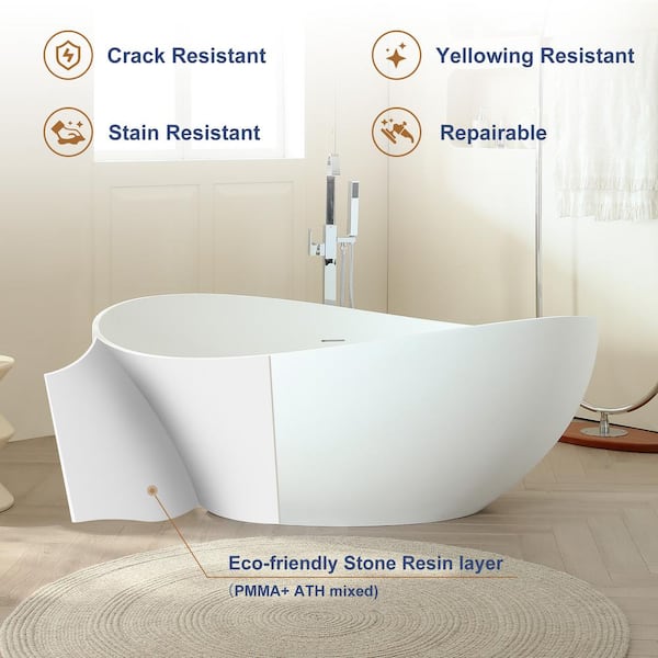 Risti 63 in. x 38 in. Stone Resin Freestanding Soaking Bathtub in White