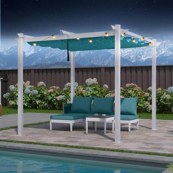 10 ft. x 10 ft. White Aluminum Frame Pergola with Blue Retractable Sun Shade Canopy Extra Roof and String Lights