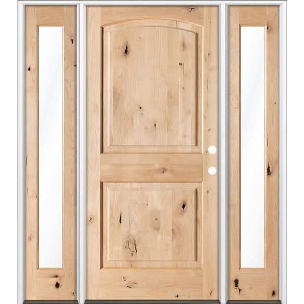60 in. x 80 in. Knotty Alder 2-Panel Arch-Top Left-Hand/Inswing Clear Glass Unfinished Wood Prehung Front Door w/ DFSL