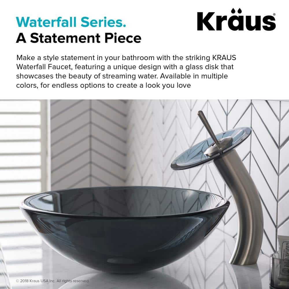 Satin Nickel Single Hole Vessel Faucet with Frosted Glass Disk