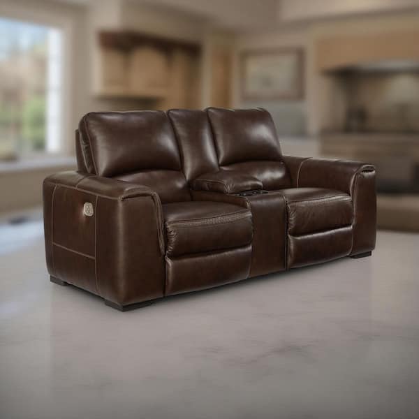 Sanco Walnut Brown and Black Leather Glider Power Recliner Chair with USB Port