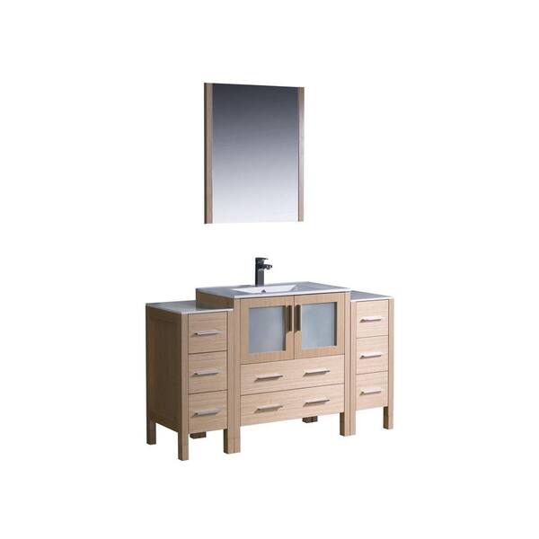 Fresca Torino 54 in. Vanity in Light Oak with Ceramic Vanity Top in White with White Basin and Mirror