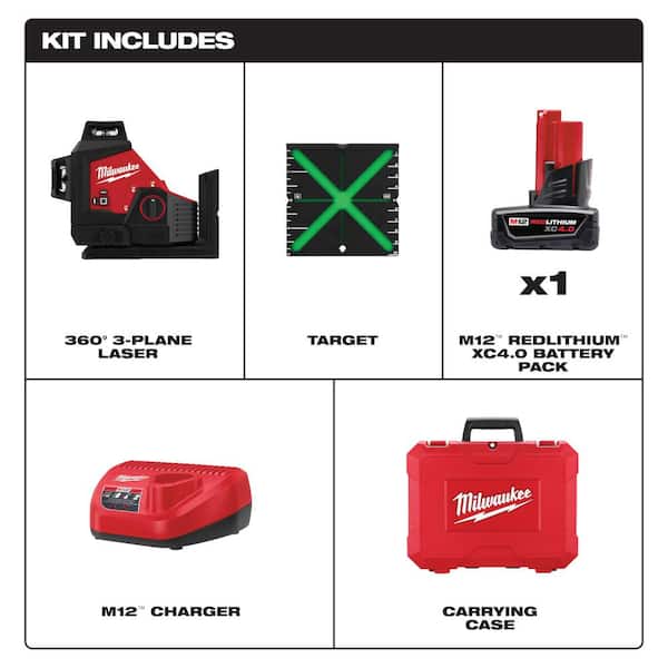 M12 12-Volt Lithium-Ion Cordless Green 250 ft. 3-Plane Laser Level Kit w/One 4.0 Ah Battery, Charger, Case & Track Clip