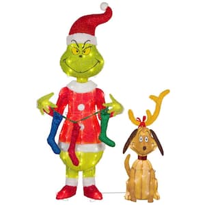 49.21 in. Tall 3D Lighted Christmas Tinsel Yard Sculpture-The Grinch with Stockings -Dr.Seuss