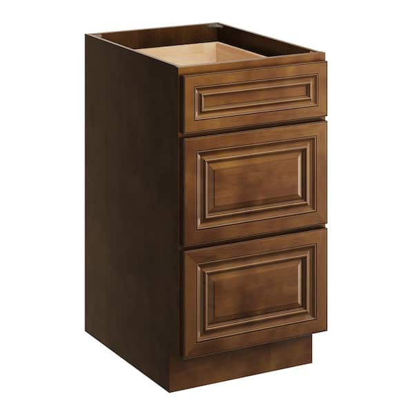 18 in. W x 24 in. D x 34.5 in. H Plywood Ready to Assemble Floor Base Kitchen Cabinet in Dark Caramel with 3 Drawers