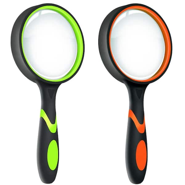 2-Pack 10x Magnifying Glass 75mm Lens Non-Slip Rubber Handle for Reading Hobby Observation Green Orange