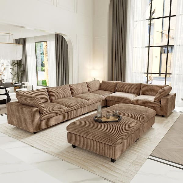 Lawson Cloud Couch 157 in. Square Arm Velvet Solid Wood Modular Convertible Sofa with Ottoman, Washable Covers in. Brown