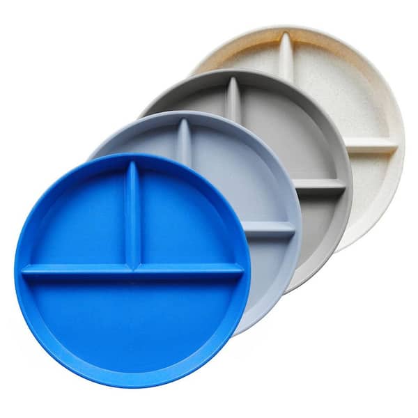 4 PCS 9 in. Blue Series Unbreakable Divided Plates for Kids Adults, Dishwasher and Microwave Safe Compartment Plate