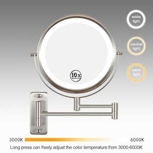 8 in. x 8 in. Wall Mounted LED 10x Round Makeup Mirror in Nickel Finish