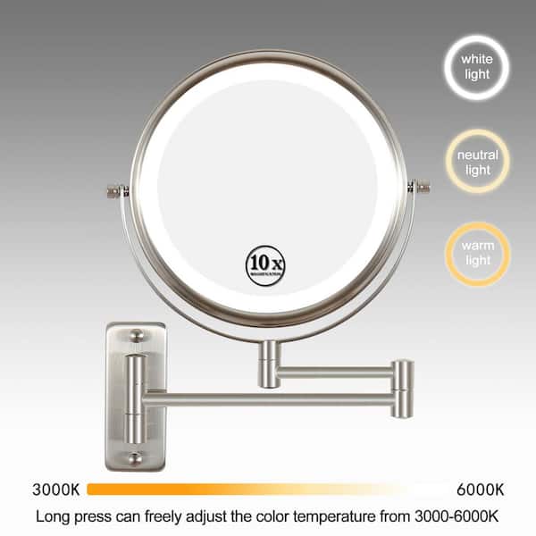 EAKYHOM 8 in. x 8 in. Wall Mounted LED 10x Round Makeup Mirror in Nickel Finish
