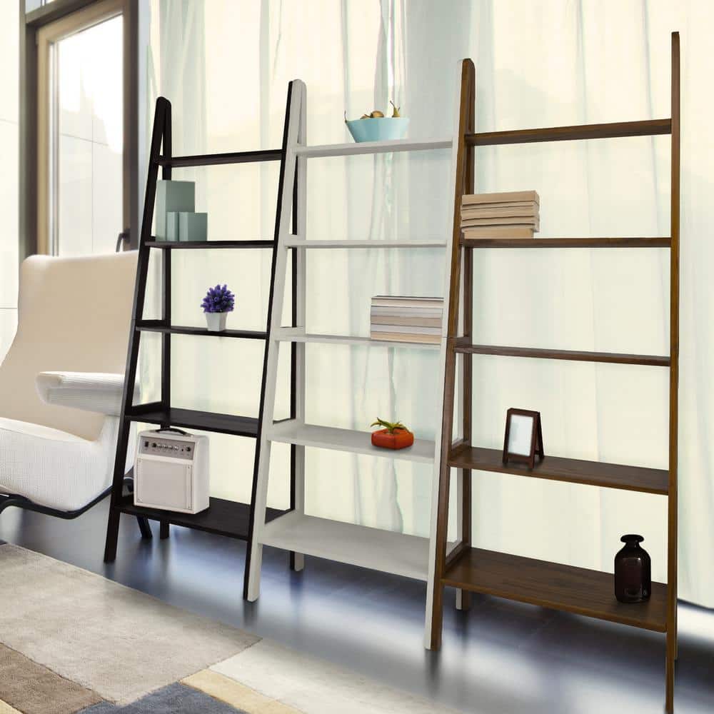 Cascading White Solid Wood 5-Shelf Ladder Bookcase