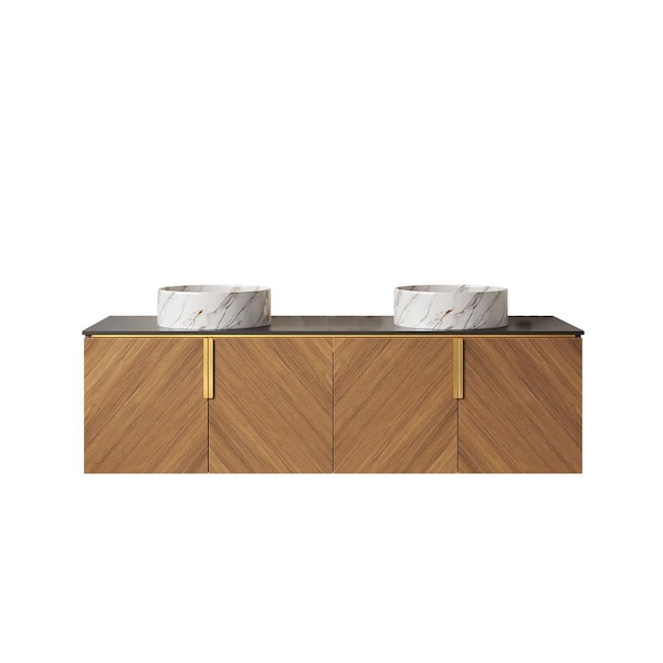 60 in. Wall-Mounted Oak Bath Vanity with Black Sintered Stone Top Unassembled