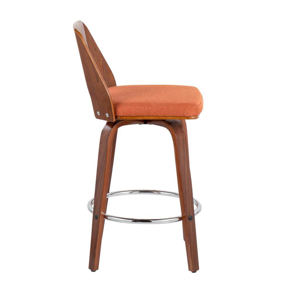 Mid-Century Walnut and Orange Swivel Counter Stools, Set of 2