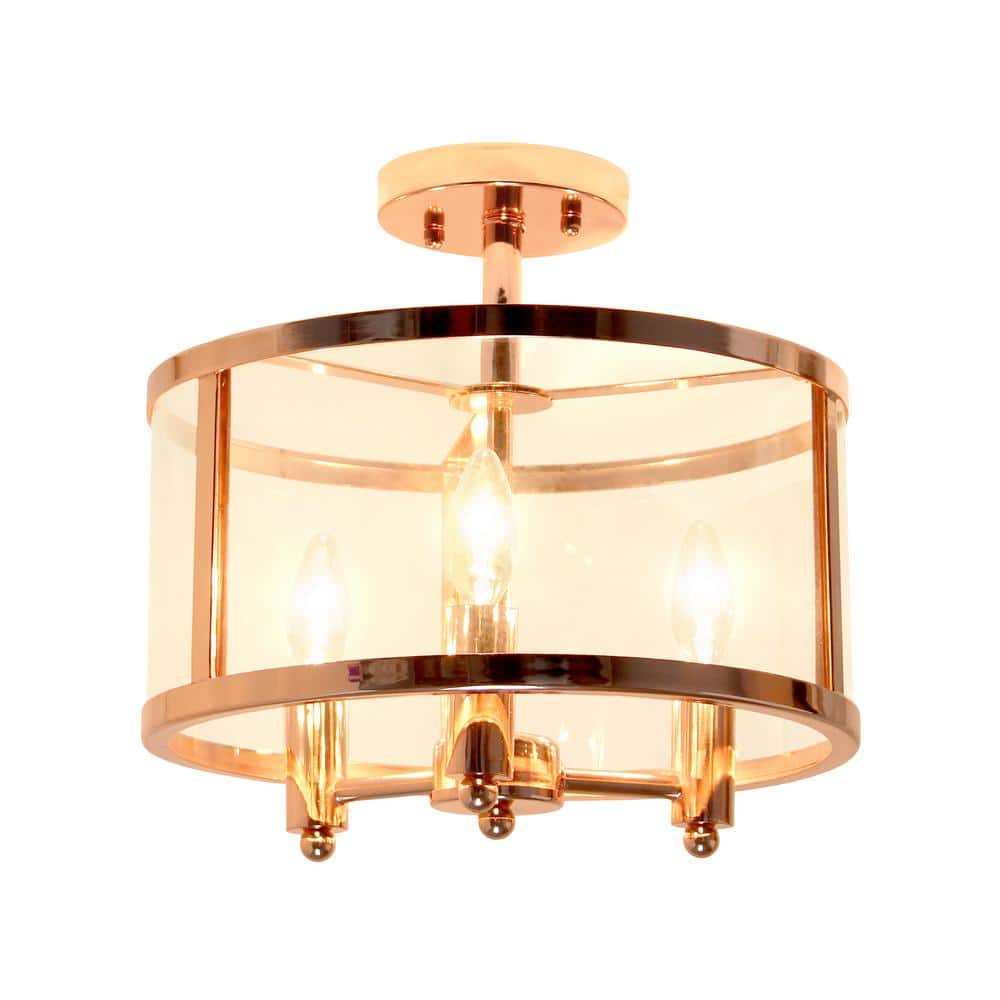 Rose Gold 13" Glass and Metal 3-Light Semi-Flush Mount