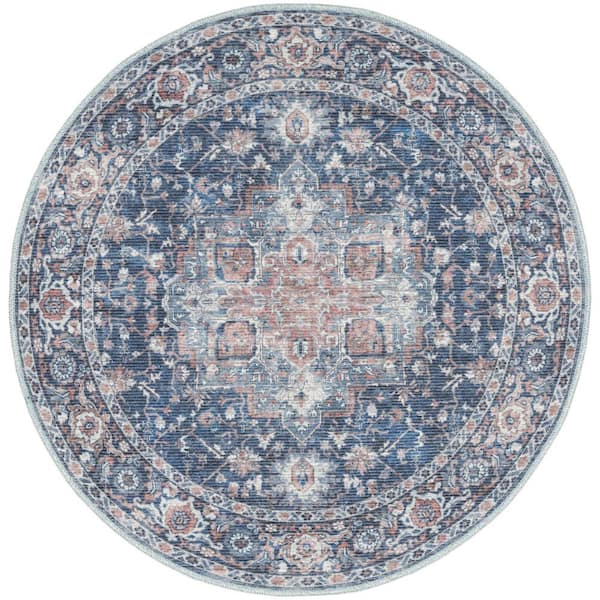 Unbranded Machine Washable Series 1 Ivory Navy 4 ft. x 4 ft. Distressed Traditional Round Area Rug