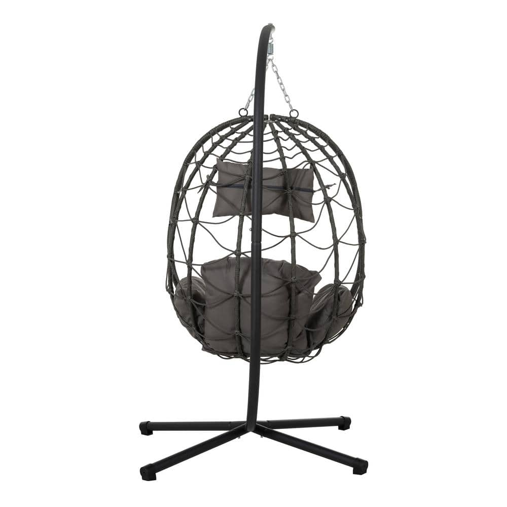 Freestanding 38.6 in. 1-Person Black Wicker Patio Swing Egg Chair with Stand Grey Cushion -  Cesicia, ppM22od06