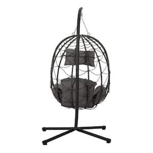 Freestanding 38.6 in. 1-Person Black Wicker Patio Swing Egg Chair with Stand Grey Cushion
