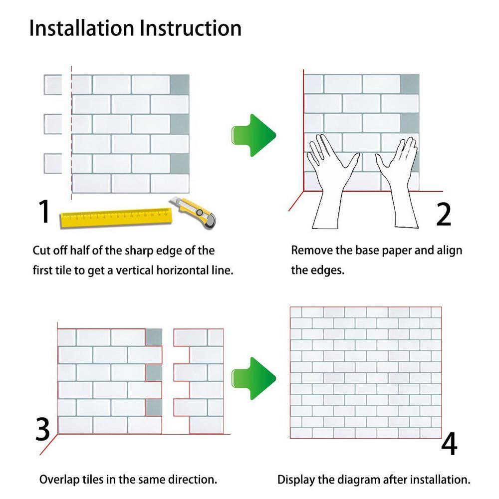 Bright White 12x12 Self-Adhesive Vinyl Subway Backsplash Tiles, 10-Pack