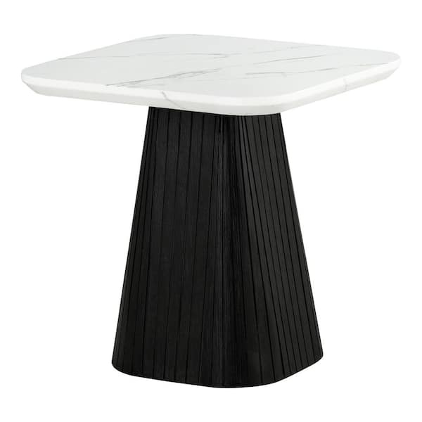 Jones 22 in. Black Square Faux Marble Top End Table with Soft Curved Edges and Reeded Drum Base