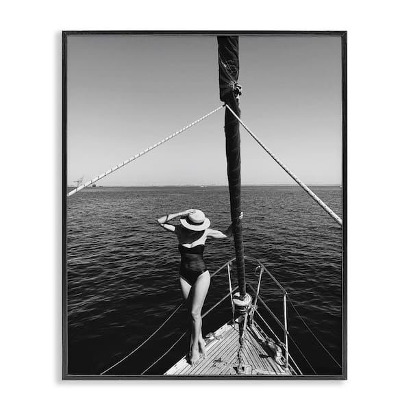 Stupell Industries Woman Posing on Boat by LSR Design Studio Black Framed People Giclee Art Print 14 in. x 11 in.