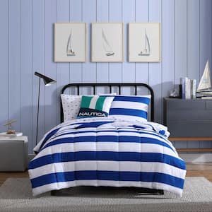 Huck Stripe 4-Piece Blue Microfiber Full/Queen Comforter Bonus Set