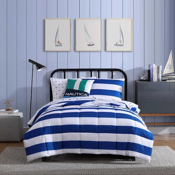 Nautica Huck Stripe 4-Piece Blue Microfiber Full/Queen Comforter Bonus Set