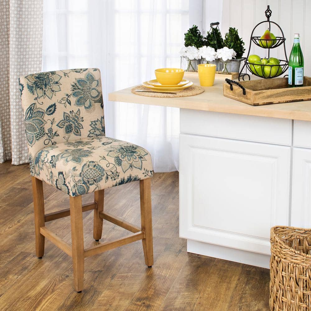 Lexie 24" Blue Floral Upholstered Counter Stool with Wood Legs