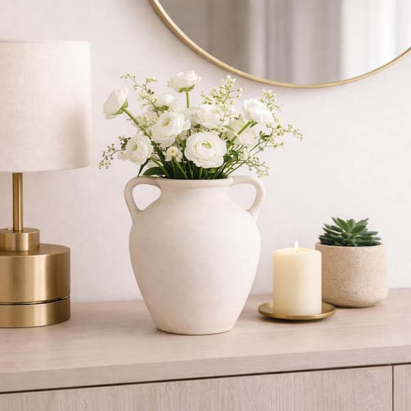 12 in. Ivory Ceramic With Handles Decorative Vase