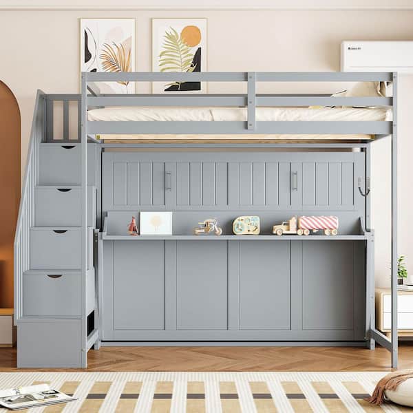 Gray Wood Frame Full Size Murphy Bed with Hydraulic Lift and Desk Design