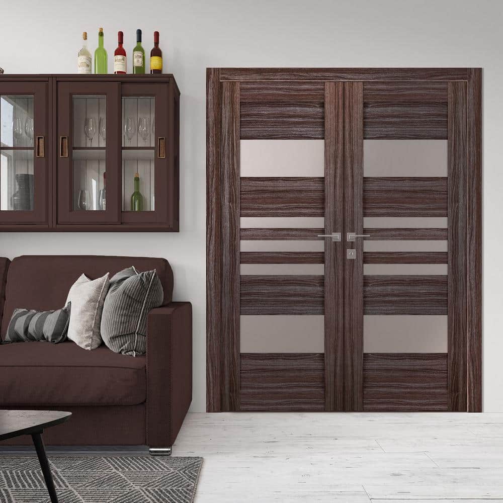 Gray Oak and Frosted Glass Prehung Double French Door