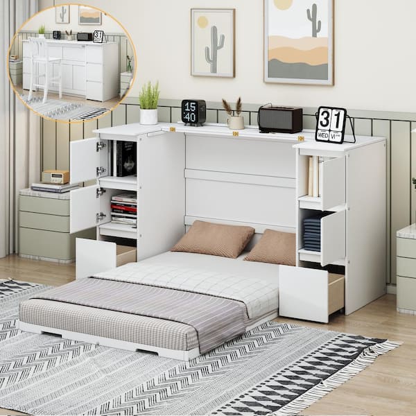 Harper & Bright Designs White Wood Frame Twin Size Murphy Bed with USB Charging Station, Stool, Storage Drawers, Cabinets