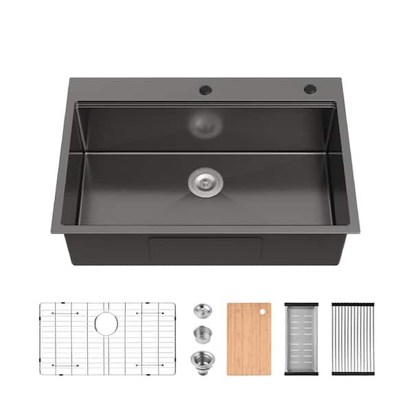 33 in. Drop-in Single Bowl Matte Black Stainless Steel Kitchen Sink with Cutting Board, Drain, Colander, Strainer