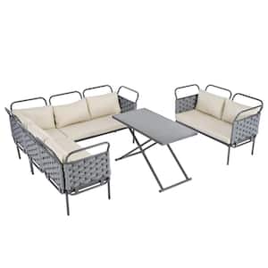 5-Piece Modern Metal Gray Woven Rope Outdoor Sectional Set Woven Rope Furniture Set with Glass Table and Beige Cushions