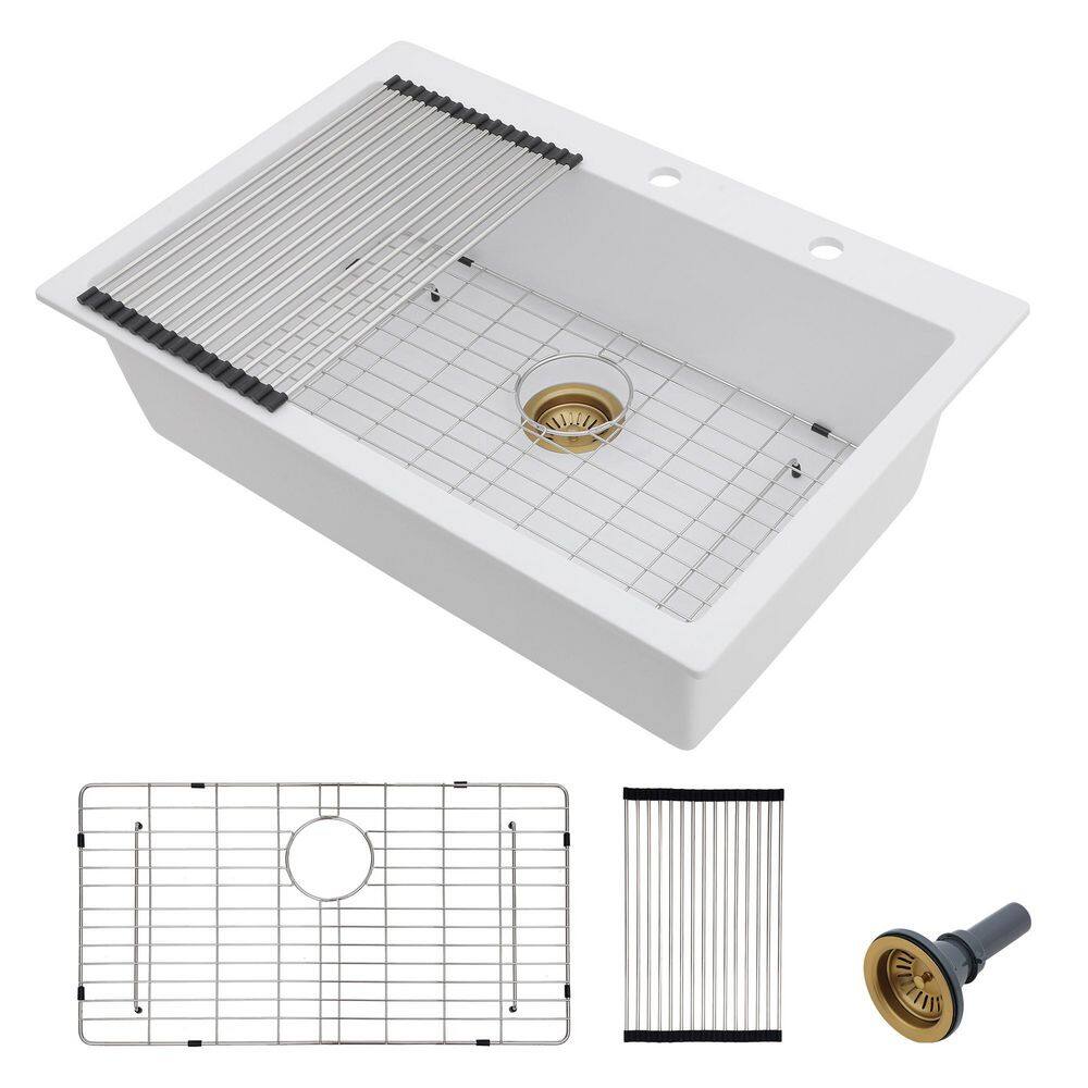 33 in. Drop-In Single Bowl White Quartz Composite Kitchen Sink with Bottom Grids and Strainer price history on PriceWatchPro