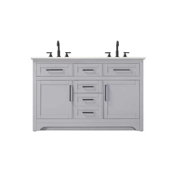 54 in. Double Sink Freestanding Grey Bath Vanity with Marble White Engineered Marble Top