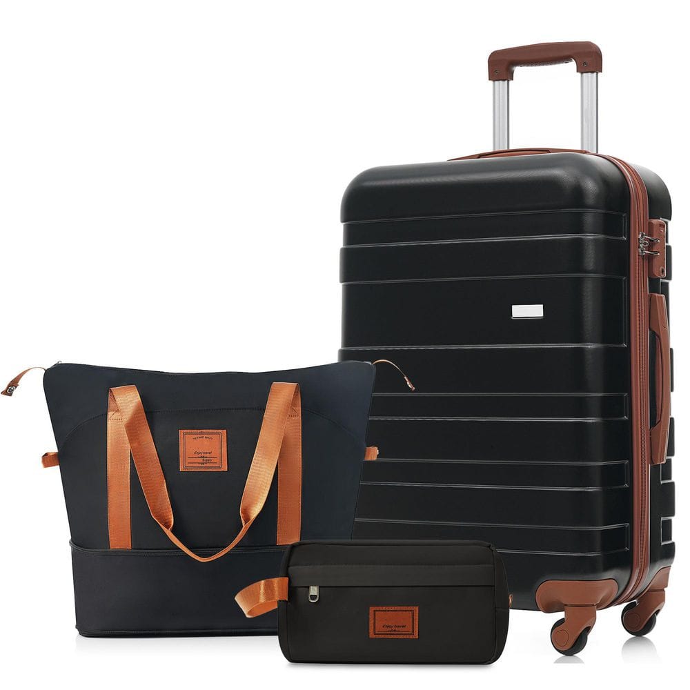 3-Piece Black ABS Hardshell Spinner 24 in. Luggage Set with Travel Duffel Bag, Toiletry Bag, TSA Lock