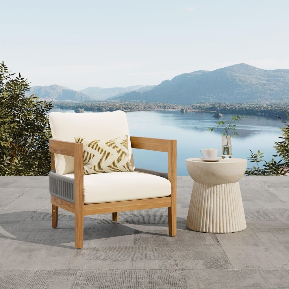 Eli 2-Piece Teak Finish Solid Wood Patio Outdoor Rope Weave Lounge Chair Set with Beige Cushions and Concrete Side Table