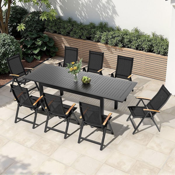 Crestlive Products Black 9-Piece Metal Outdoor Dining Set with 94.5 in. Extension Table and Foldable Chairs