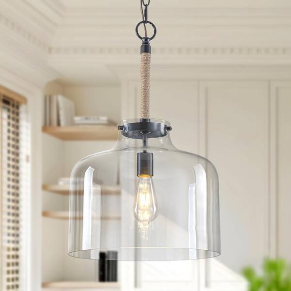 1-Light Black Modern Farmhouse Clear Glass Cloche Pendant Light